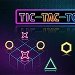 Színes, neon világítású geometriai figurák, beleértve X-eket, O-kat és más alakzatokat, sötét háttér előtt