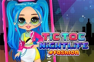 Egy rajzfilm stílusú figura kék hajjal és divatos ruhában, városi háttérrel, élénk színek és a Tic Toc Nightlife #Fashion felirat szerepel az előtérben