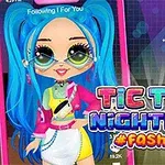 Egy rajzfilm stílusú figura kék hajjal és divatos ruhában, városi háttérrel, élénk színek és a Tic Toc Nightlife #Fashion felirat szerepel az előtérben