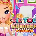 Szőke hajú lány színes ruhában és napszemüvegben egy élénk, nyárias szobában, Tic Toc Summer #Fashion felirattal