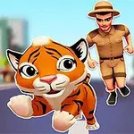 Egy animált tigris kölyök fut egy városi utcán, miközben egy safari ruhás férfi követi őt