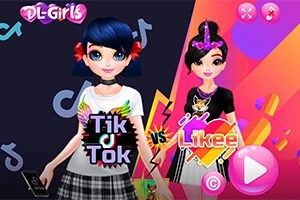 Két rajzfilmszerű karakter áll egymás mellett színes háttér előtt; egyikük Tik Tok, a másik Likee feliratú pólót visel