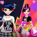 Két rajzfilmszerű karakter áll egymás mellett színes háttér előtt; egyikük Tik Tok, a másik Likee feliratú pólót visel