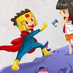 Két rajzfilmszerű figura, egy színes ruhás szuperhős és egy lány piros köpennyel, egy lila sziklán állva