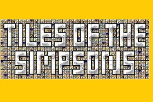 Fehér háttér előtt, sárga kerettel, nagyméretű betűkkel kirakott Tiles of the Simpsons felirat kis képekkel kitöltve