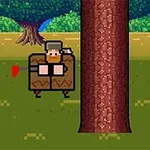 Egy pixel art stílusú favágó kalappal, aki baltát tart egy fa mellett erdei háttérrel