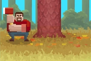 Pixelesített favágó piros ingben fejszével egy fa előtt áll egy őszi erdőben