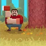 Pixelesített favágó piros ingben fejszével egy fa előtt áll egy őszi erdőben