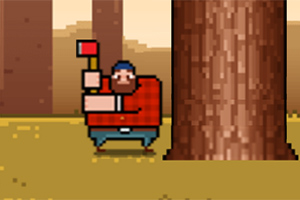 Egy pixelgrafikás favágó piros kockás ingben áll egy fa mellett, kezében fejszével