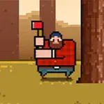 Egy pixelgrafikás favágó piros kockás ingben áll egy fa mellett, kezében fejszével