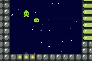 Két zöld pixeles űrlény lebeg sötétkék háttér előtt, amit fehér pöttyök díszítenek, körülötte szürke kockás keret