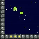 Két zöld pixeles űrlény lebeg sötétkék háttér előtt, amit fehér pöttyök díszítenek, körülötte szürke kockás keret