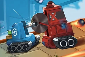 Két rajzolt harckocsi harcol egymással, egy kék tank forgó fűrészlapot használ, míg a piros tank golyót tüzel