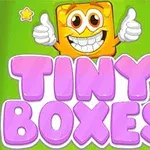 Sárga, mosolygós doboz rajzfilmfigura felmutatott hüvelykujjal a Tiny Boxes rózsaszín felirattal zöld háttéren
