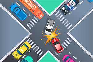 Két autó ütközése egy forgalmas kereszteződésben, körülvéve különböző járművekkel, például taxis, rendőrautó és tűzoltóautó