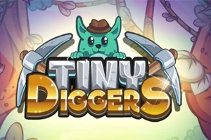 Rajzolt zöld macska kalapban, amely két csákány mögött áll, az Tiny Diggers felirat előtt