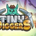 Rajzolt zöld macska kalapban, amely két csákány mögött áll, az Tiny Diggers felirat előtt