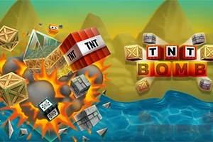 Robbanás fa- és acéldobozokkal a víz közelében, háttérben hegyekkel és az égen lebegő TNT BOMB felirattal