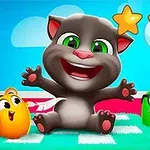 Rajzfilm stílusú macska vidáman ül színes madarak és csillagok társaságában egy élénk, kék háttér előtt