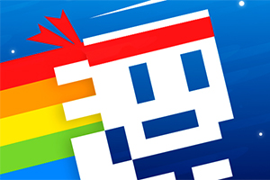 Pixeles fehér figura piros fejpánttal, szivárványos háttérrel, kék ég előtt