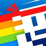 Pixeles fehér figura piros fejpánttal, szivárványos háttérrel, kék ég előtt
