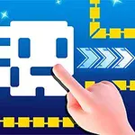 Fehér, pixelstílusú figura kék háttéren, sárga útvonalakkal és egy mutatóujjal a középpontban