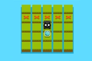 Zöld mezőkön fekete pixeles karakter és egy csillogó kék tárgy látható, piros X jelekkel az osztópanelek között
