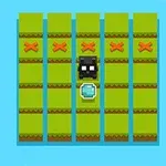Zöld mezőkön fekete pixeles karakter és egy csillogó kék tárgy látható, piros X jelekkel az osztópanelek között