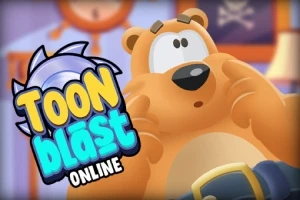 Rajzfilmszerű medve karakter, aki meglepett arckifejezéssel néz, mellette a Toon Blast Online szöveg