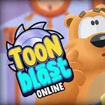 Rajzfilmszerű medve karakter, aki meglepett arckifejezéssel néz, mellette a Toon Blast Online szöveg