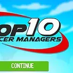 Kék ég hátterű grafikus kép Top 10 Soccer Managers felirattal és zöld Continue gombbal