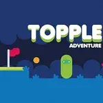Színes illusztráció egy piros járművel, zöld alakzattal és zászlóval, sötét háttérrel és Topple Adventure felirattal