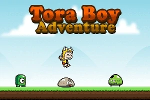 Egy ugró karakter színes, rajzfilmszerű világban, három különböző szörny mellett és a Tora Boy Adventure felirat