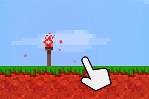 Pixelgrafikus kép füves területről, egy fa fáklyával és egy fehér kézmutatóval