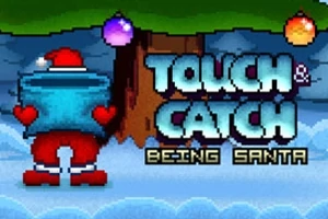 Mikulás kinézetű figura egy fenyőfa alatt áll havas tájon, színes karácsonyi díszekkel a háttérben, mellette pedig a „Touch & Catch: Being Santa” felirat látható