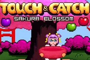 Egy pixel art stílusú kép, amelyen egy rózsaszín hajú figura kosarat tart egy cseresznyefás háttér előtt, és gyümölcsök lógnak a fa alól