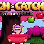 Egy pixel art stílusú kép, amelyen egy rózsaszín hajú figura kosarat tart egy cseresznyefás háttér előtt, és gyümölcsök lógnak a fa alól