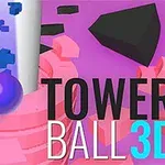 Lila és rózsaszín golyó esik egy spirálisan elrendezett torony belsejében, fekete és rózsaszín alakzatokkal a háttérben, mellette a Tower Ball 3D felirattal