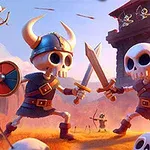 Két rajzolt csontváz harcos kardokkal és pajzsokkal küzd egymás ellen egy fantasy tájon, háttérben egy toronnyal és több csontvázzal