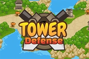 Rajzolt tájképen egy stilizált, vonalas térkép útvonalakkal, erődökkel és bástyákkal, középen a Tower Defense felirattal