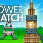 Különféle híres tornyok színes, rajzolt ábrázolása zöld mező és kék ég háttere előtt, bal oldalon a Tower Match felirattal