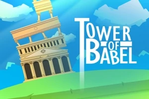 A dőlő torony klasszikus oszlopokkal zöld dombon látható, kék ég háttérrel és Tower of Babel felirattal
