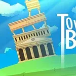 A dőlő torony klasszikus oszlopokkal zöld dombon látható, kék ég háttérrel és Tower of Babel felirattal