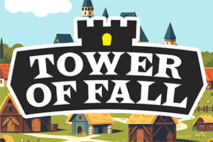 Egy középkori falu stilizált toronyépületekkel és házakkal, a középpontban a Tower of Fall felirat