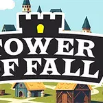 Egy középkori falu stilizált toronyépületekkel és házakkal, a középpontban a Tower of Fall felirat