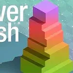 Színes, lépcsőzetesen épített torony egy csillagos háttérrel, mellette a tower rush felirat