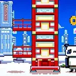 Pixeles panda egy piros torony mellett, háttérben kék házak és kék ég