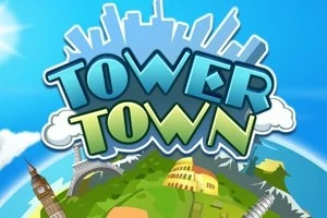Színes, rajzolt grafika a Tower Town felirattal egy világvárosi háttér előtt, ahol különböző híres épületek láthatóak