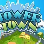 Színes, rajzolt grafika a Tower Town felirattal egy világvárosi háttér előtt, ahol különböző híres épületek láthatóak