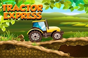 Sárga traktor egy dombos vidéki tájon, körülötte zöld levelek és a Tractor Express felirat